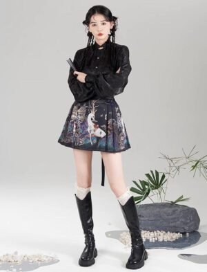 【 仙麓影 】New Chinese Style Han Element Brocade Skirt Imitation Gold Flower Brocade Mamian Skirt Shirt Set
