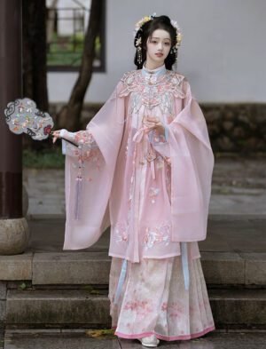 【 十里桃花 】Pink Hairpin Mingzhi Hanfu Cloud Shoulder Long Shirt Standing Collar Mamian Dress Set