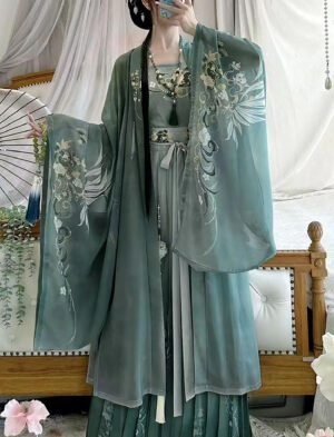 【 碧云霞光 】Hanfu Song Dynasty Summer Style Big Sleeve Shirt Printed Pleated Dress