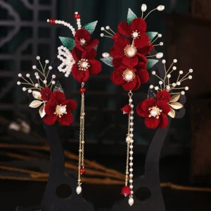 Red Velvet Lace Clip Set Hanfu Bridal Headdress Pearl Tassel Hair Clips