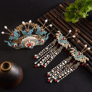 Burnt Blue Tassel Pearl Hairpin Ancient Hanfu Headdress Ming System Hair Crown Jinglan Complete Set Of Hair Accessories