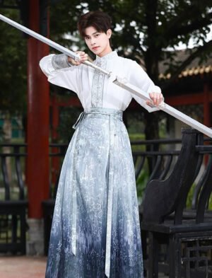【 青枫 】Chinese Style Men'S Hanfu Suit Embroidered Print Gold Woven Mamian Skirt
