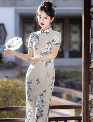 【 节节高 】Bamboo Leaf Print Cheongsam New Chinese Style Improved Dress